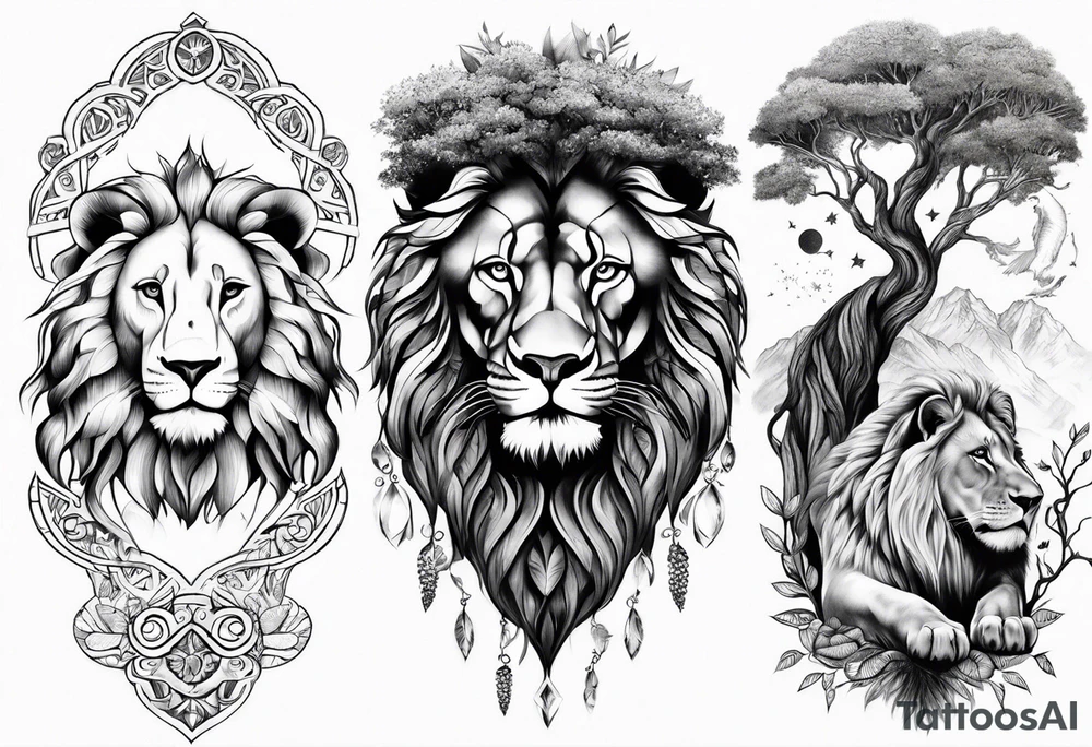 Tree of life arm tattoo into woman and lion tattoo idea