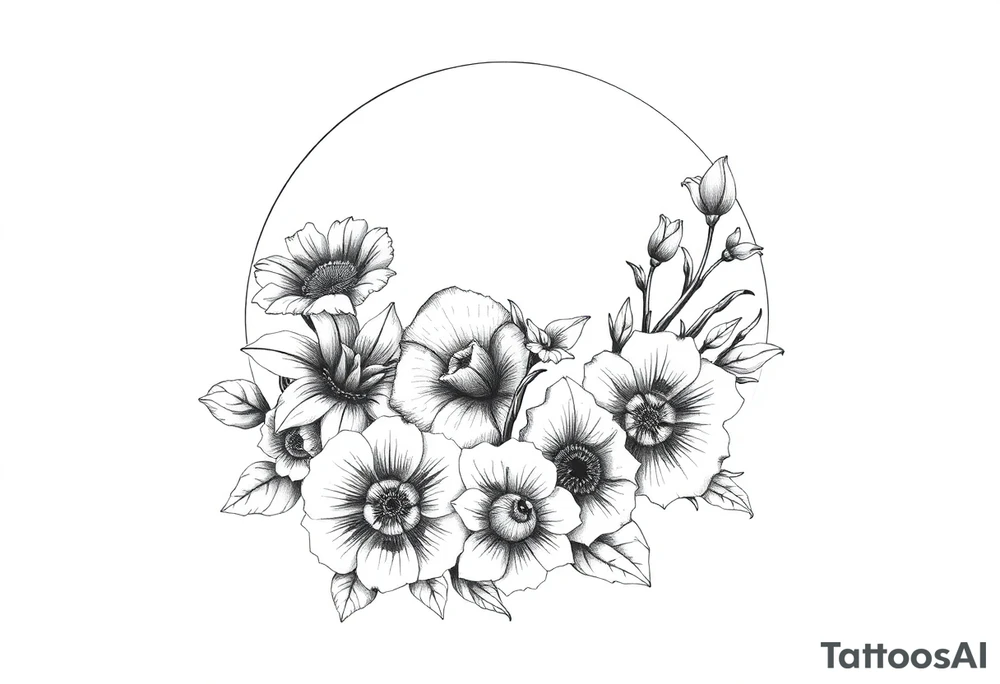 moon-shaped diferent flowers tattoo idea