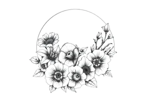 moon-shaped diferent flowers tattoo idea