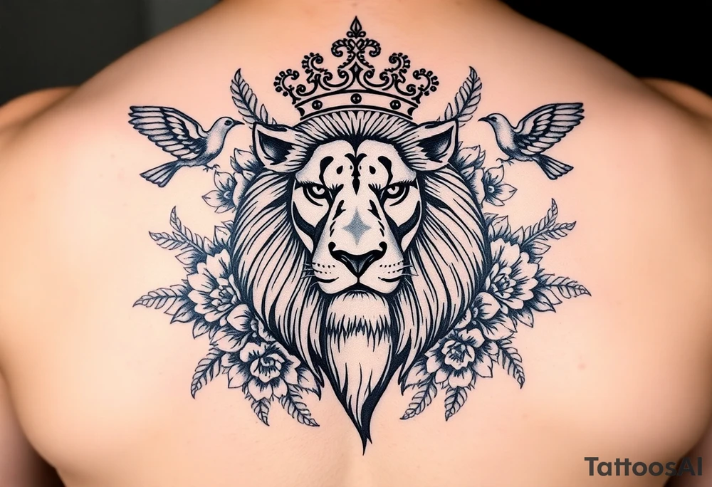powerful majestic lion with a crown, surrounded by floral ornaments and birds tattoo idea