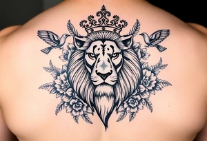 powerful majestic lion with a crown, surrounded by floral ornaments and birds tattoo idea