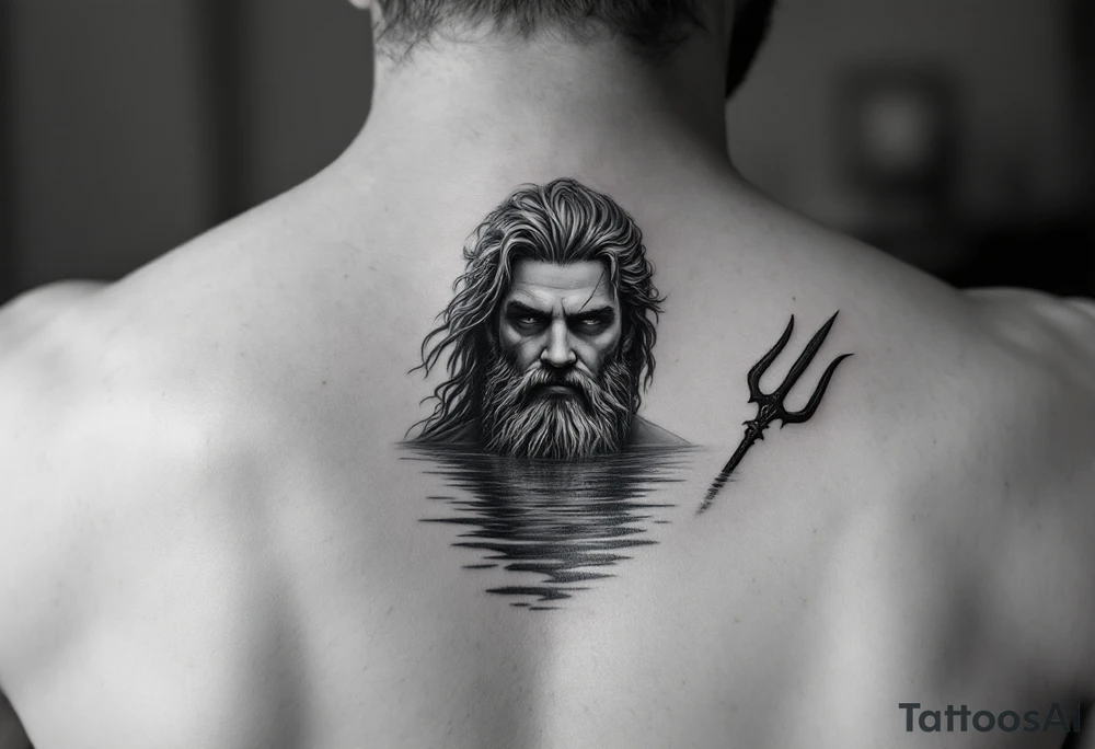 Poseidon half way under calm water with trident tattoo idea