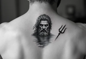 Poseidon half way under calm water with trident tattoo idea