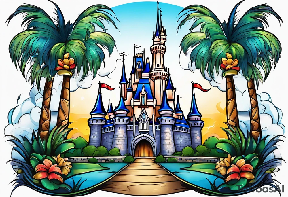 disney castle with lightning palm trees and a mickey mouse tattoo idea