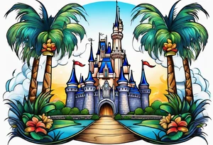disney castle with lightning palm trees and a mickey mouse tattoo idea