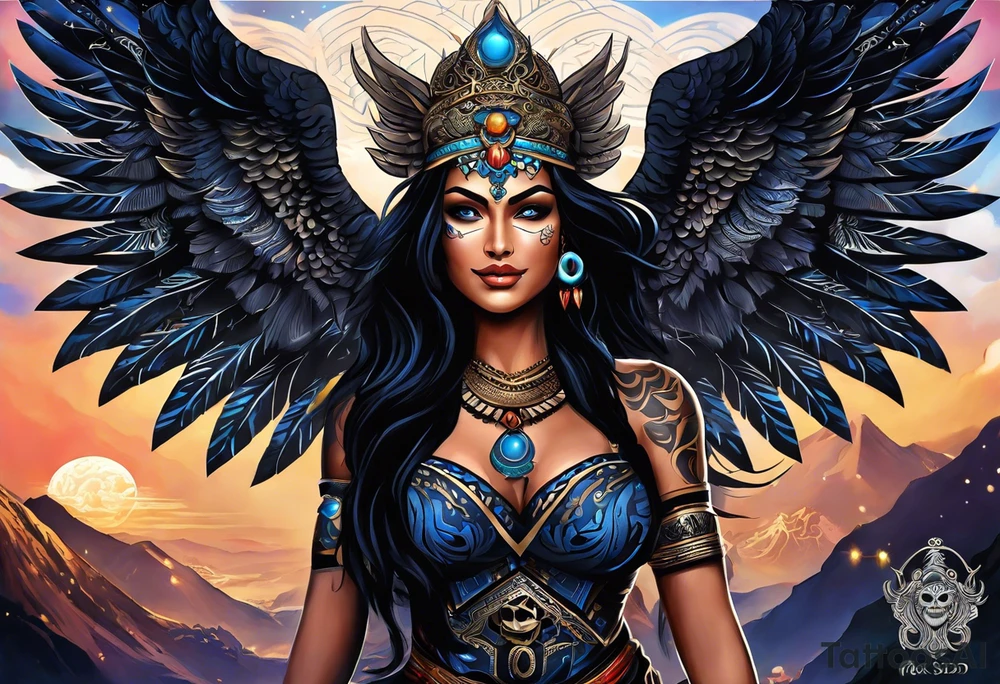 black kali, goddess pirate, alien, angel, pachamama, valkrye, warrior, flying, skull, lotus azul, wing, eagle, zenza resonance, stars, 5D, anahata chakra, death, durga, riding on a tiger, flying lady tattoo idea