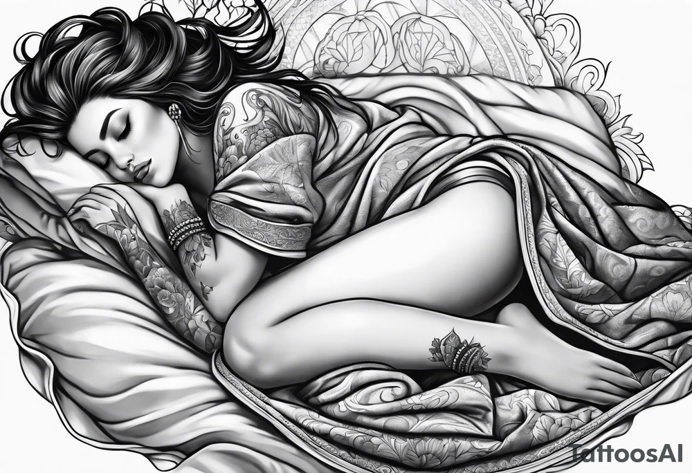 full body girl sleeping in blanket tattoo idea