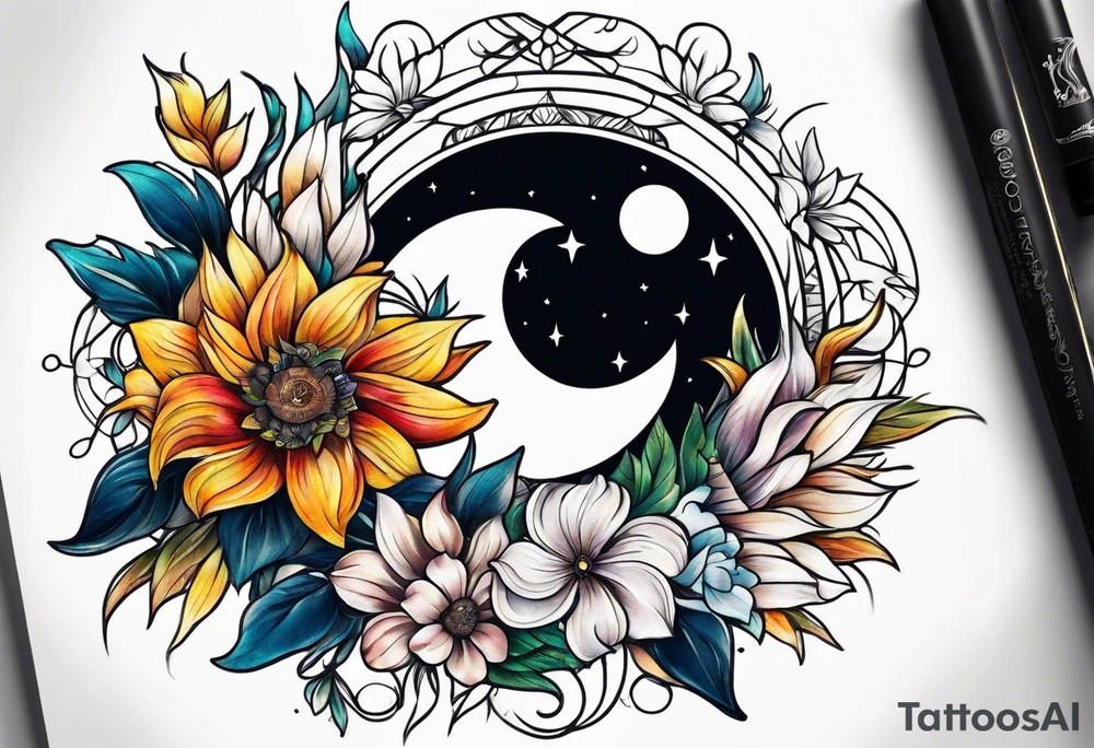 sun moon floral tattoo idea