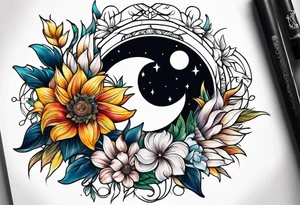 sun moon floral tattoo idea