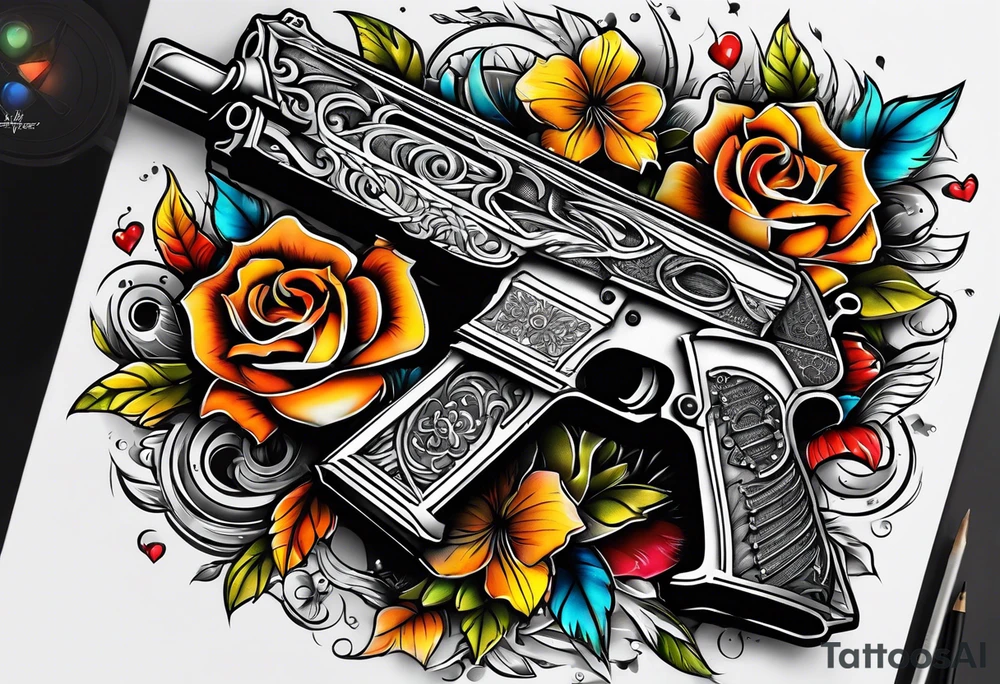 The letters AR with a pistol on each side and the word always on the top and ready on the bottom tattoo idea