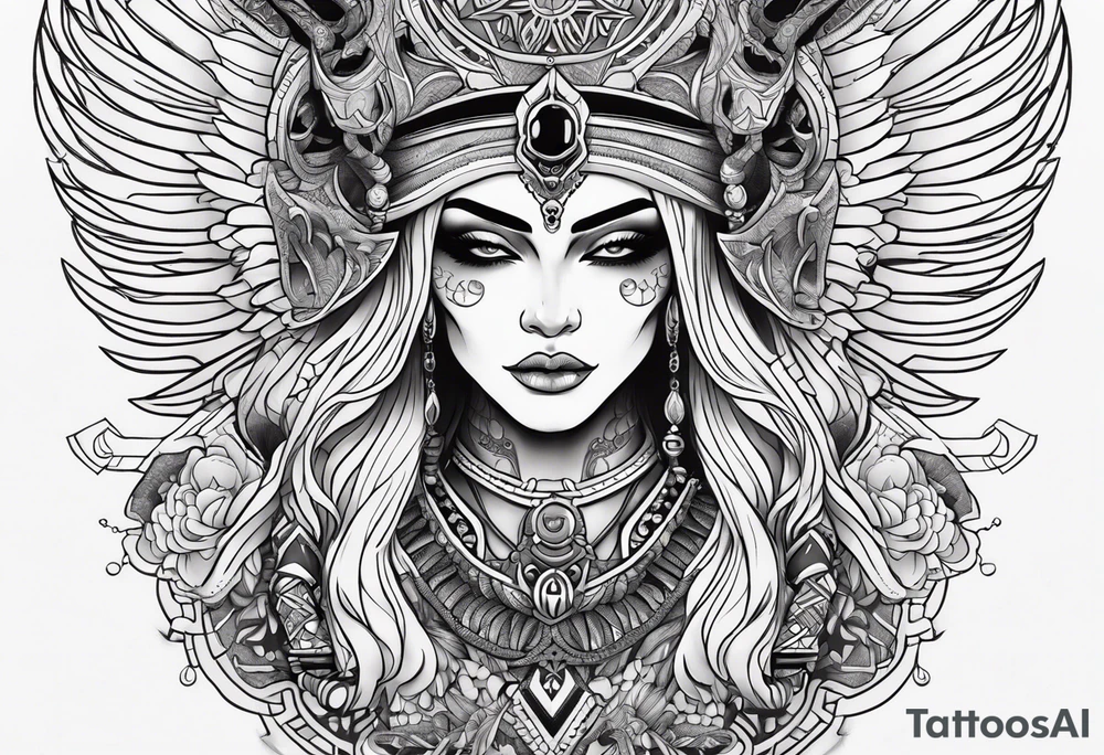 kali, alien goddess, valkrye, pirate, zenza, lotus, wing, pachamama, skull tattoo idea