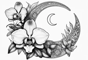 Orchid and crescent moon with Bohemian design tattoo idea