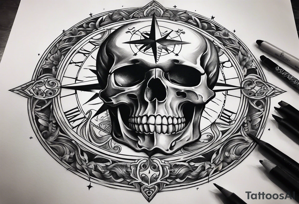 Hour glass skull compass tattoo idea