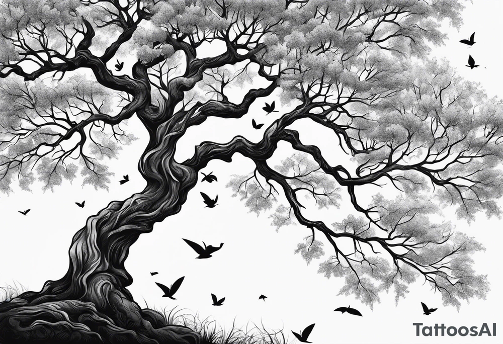 tree where leaves have fallen off only on one side tattoo idea
