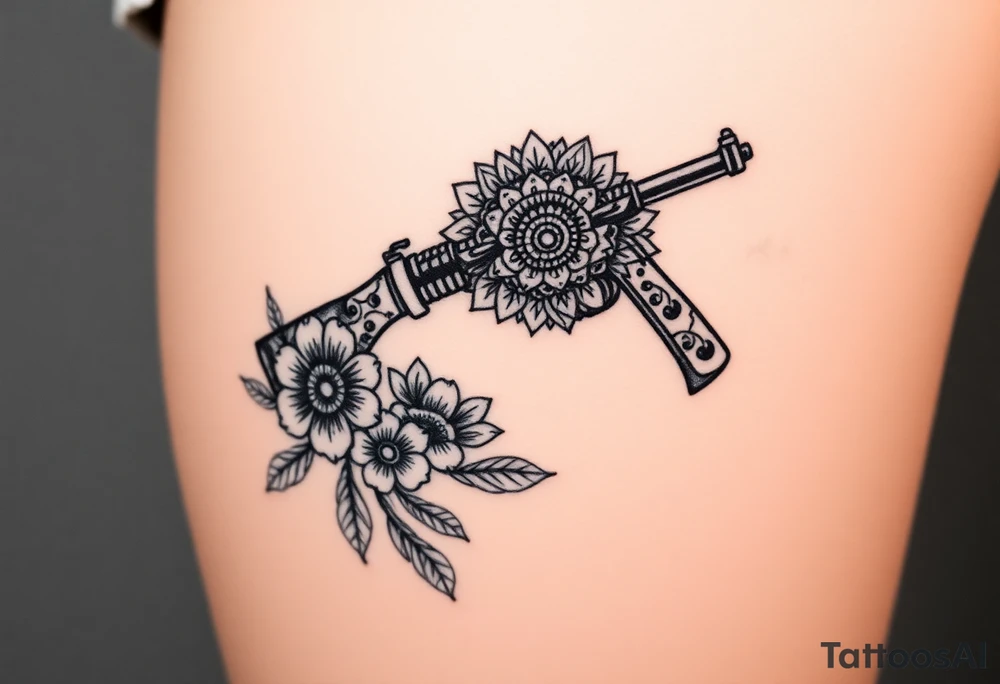 Gun mandala and flowers tattoo idea