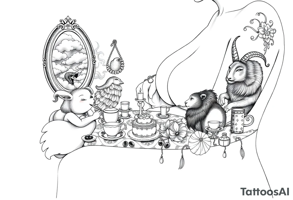 Sexy naked fat lady having a tea party with a pig, peacock, noose, lion, goat, smoking cigerettes looking in the mirror having sex with a man eating a cake thru storm clouds tattoo idea