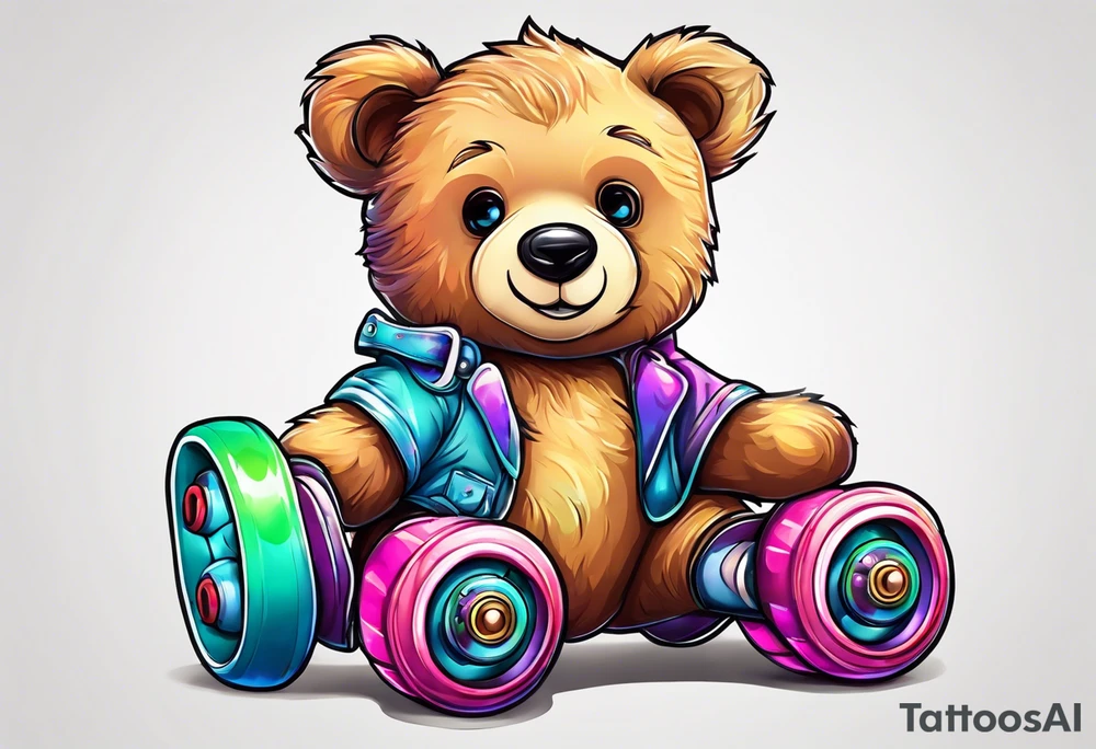 a teddy bear, wearing cute, pastel rainbow roller skates tattoo idea