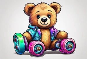 a teddy bear, wearing cute, pastel rainbow roller skates tattoo idea