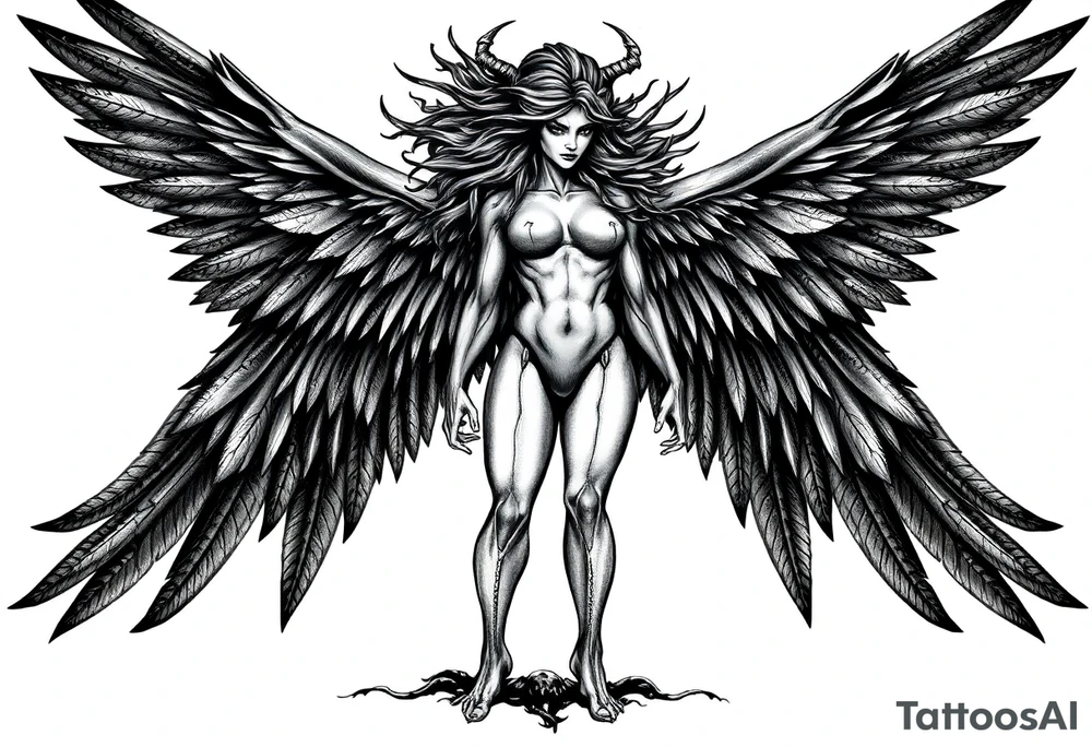 A fierce looking Valkyrie with very big dark wings. The whole body with legs should be visible tattoo idea