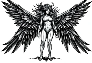 A fierce looking Valkyrie with very big dark wings. The whole body with legs should be visible tattoo idea