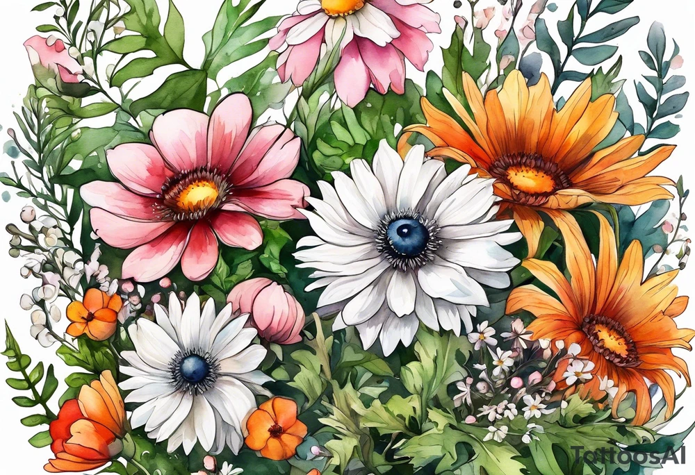 simple wildflowers cascading with thistles, ferns, white anemones, sun flowers, red flowers, pink flowers, green flowers, buttercups, orange flowers, babys breath and daisies all in watercolor tattoo idea