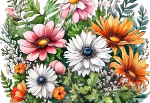 simple wildflowers cascading with thistles, ferns, white anemones, sun flowers, red flowers, pink flowers, green flowers, buttercups, orange flowers, babys breath and daisies all in watercolor tattoo idea