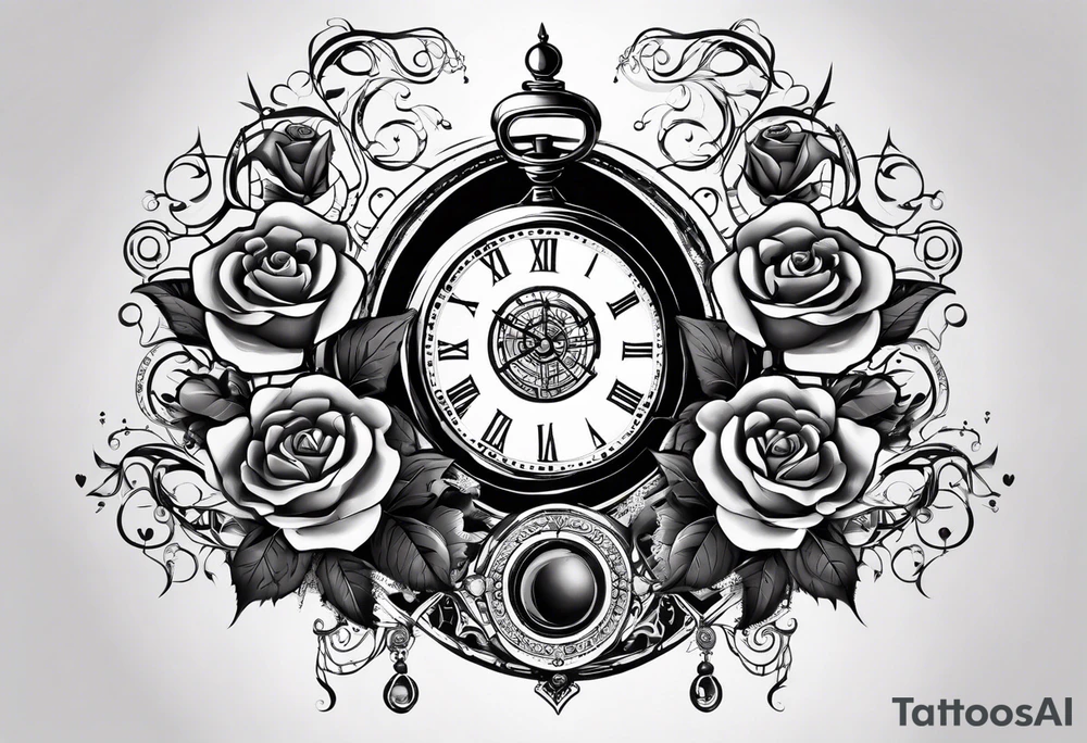 I want a design for printing on t-shirts, the design is an hourglass with a hand clock in the middle with Amazigh numbers, and these two main elements are mixed with thorny roses and planets tattoo idea