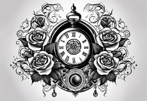 I want a design for printing on t-shirts, the design is an hourglass with a hand clock in the middle with Amazigh numbers, and these two main elements are mixed with thorny roses and planets tattoo idea