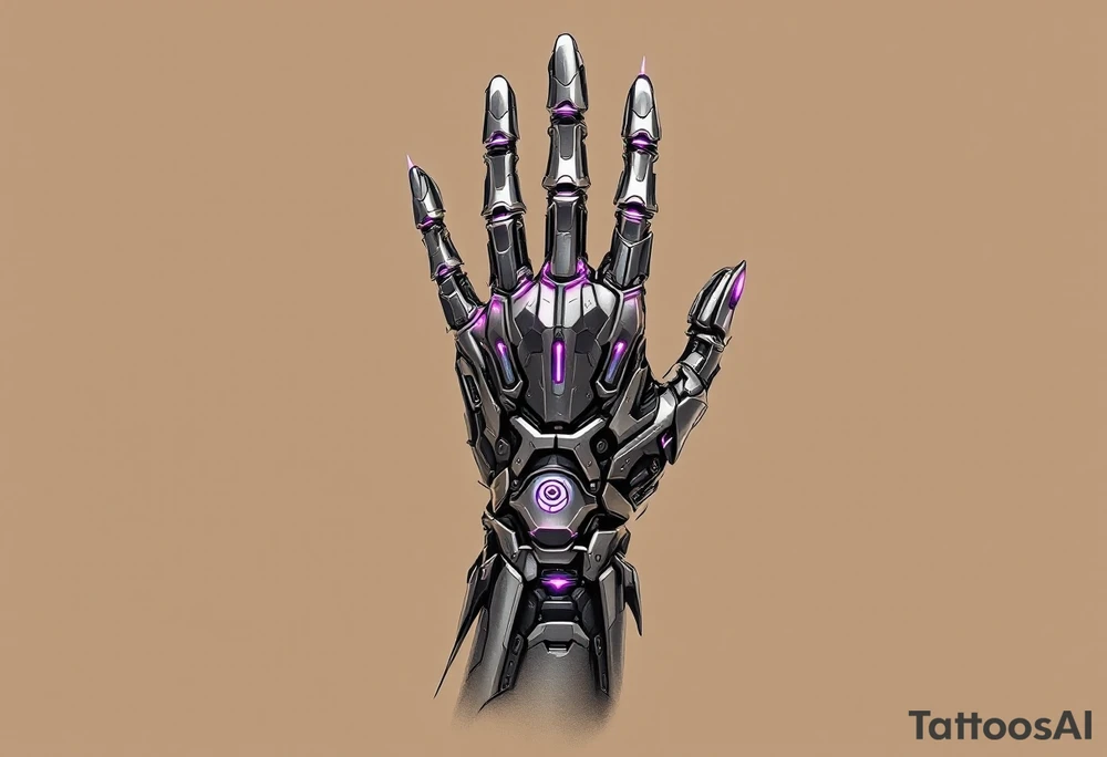 A cleanly layered mechanical palm in polished titanium with holographic light accents in magenta. tattoo idea