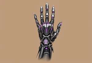 A cleanly layered mechanical palm in polished titanium with holographic light accents in magenta. tattoo idea