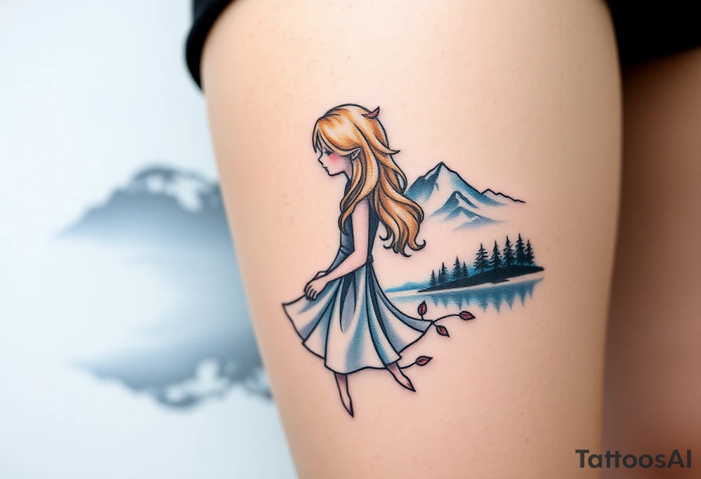 Little blond girl in front of a lake and mountain tattoo idea