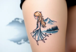 Little blond girl in front of a lake and mountain tattoo idea
