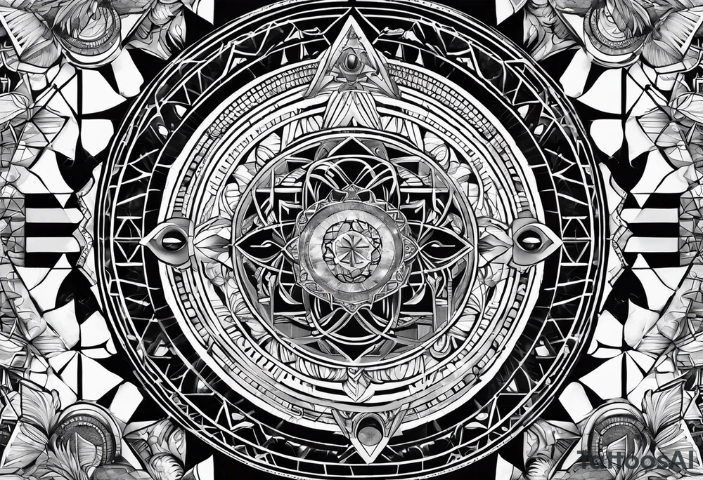 sacred geometry, tropical, egyptian symbols, chakras, black and white with hints of blue. full sleeve tattoo tattoo idea