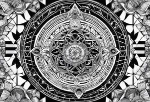 sacred geometry, tropical, egyptian symbols, chakras, black and white with hints of blue. full sleeve tattoo tattoo idea