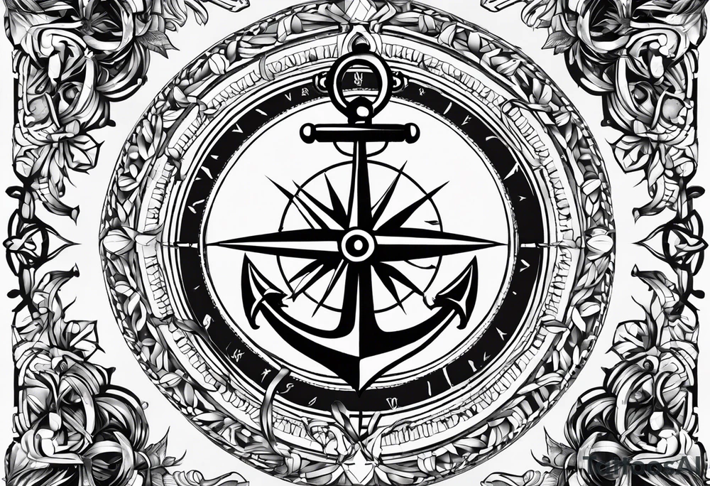 A selucid style anchor in front of a compass with north south east west marked on it and a narrow laurel wreathe wrapped around the compass tattoo idea