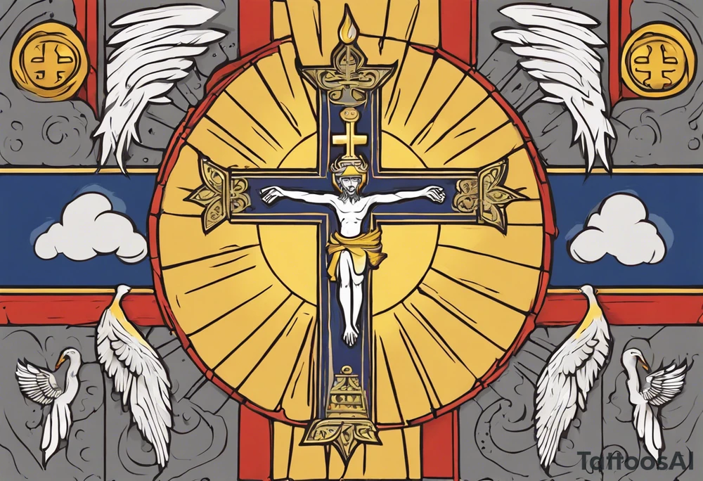 A medieval cross with an assyrian flag in the middle. A crown om top of the cross. The assyrian king Sennacherib. A sun and a moon. A cloud with rain and thunder. charizard. an imperfect cirkle. a candle. a swan. lemons. the god asshur with wings. an ankh. angel wings with a halo. surrounded by olive branches and feathers. tattoo idea