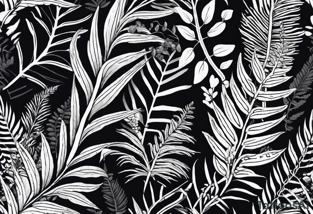 A detailed, vintage-style black and white tattoo of ferns, leaves, and moss, in a simple design. Flat design tattoo idea