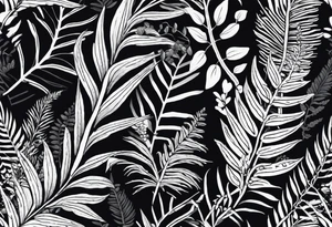 A detailed, vintage-style black and white tattoo of ferns, leaves, and moss, in a simple design. Flat design tattoo idea