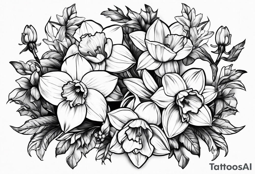 narcissus flower + holly flower together tattoo idea