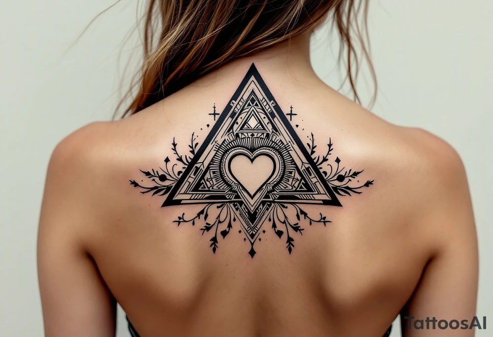 A triangle with a big heart in the center with a world travel theme tattoo idea