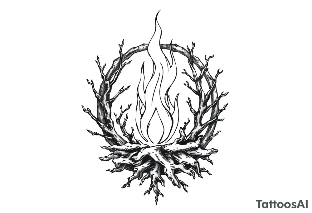 a flame imprisoned in a roots circle tattoo idea