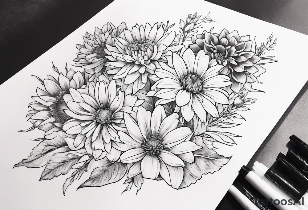 Asters, roses, lily, and chrysanthemums sleeve tattoo idea