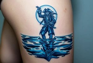 Jack Sparrow’s ghostly reflection in the ocean, done in eerie blue tones, symbolizing his dance with death and destiny tattoo idea