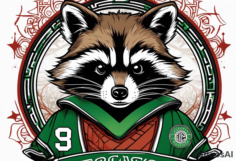 Rocket raccoon with a Glasgow Celtic football club jersey on tattoo idea