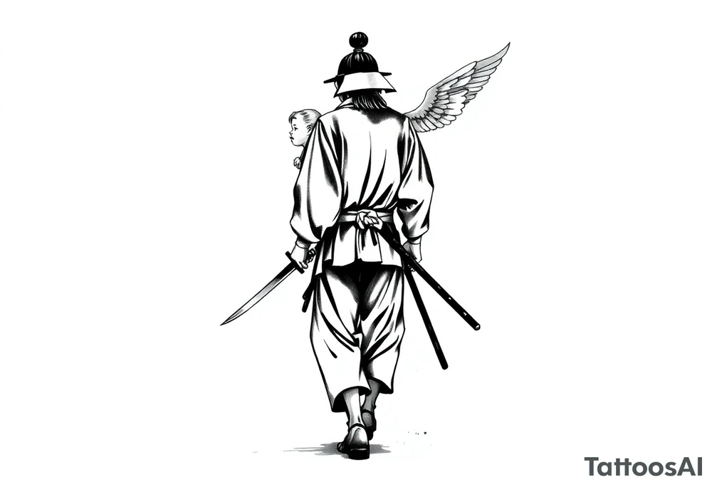 "Blackwork tattoo sketch of a lone samurai walking forward, shown in dramatic silhouette style. The samurai wears traditional kimono and hakama, holding a katana in one hand with the blade pointing downward. Behind him floats a small child angel with detailed feathered wings, gently touching the samurai’s back with one hand, as if stopping or guiding him. Strong contrast, dynamic ink splatter, rough brush strokes, Japanese sumi-e vibe, emotional and symbolic composition, high detail linework, no background." tattoo idea