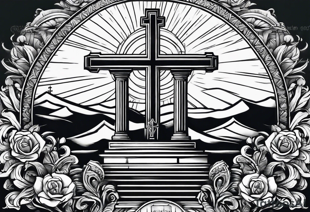 Tomb with cross and sun in the background tattoo idea