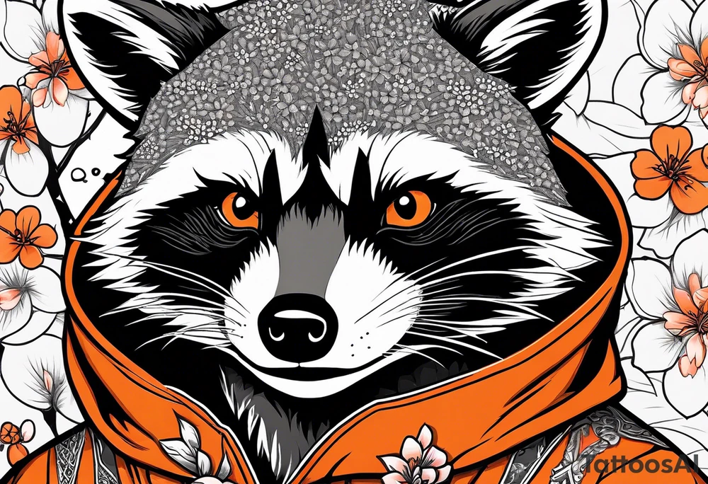 Raccoon wearing a white Superman logo on a black hoodie and orange Japanese cherry blossoms beside tattoo idea