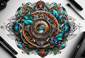 A tattoo design representing the interconnectedness of art, history, and cosmology, with elements of each intertwined in a visually striking way, tattoo idea