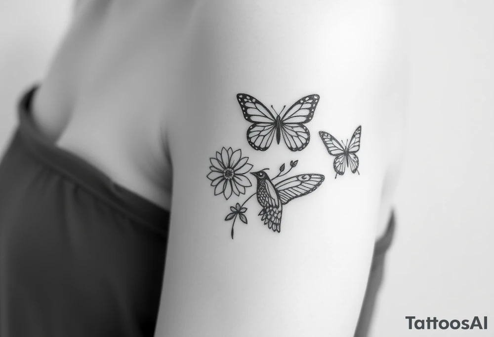 Show me an upper arm/shoulder/shoulder blade tattoo design with a birth flower for July, July, January, September, and 3 butterflies, and a raven and an eagle tattoo idea
