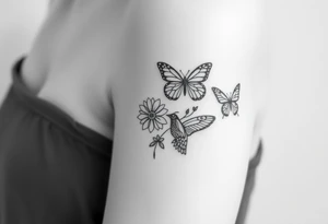 Show me an upper arm/shoulder/shoulder blade tattoo design with a birth flower for July, July, January, September, and 3 butterflies, and a raven and an eagle tattoo idea
